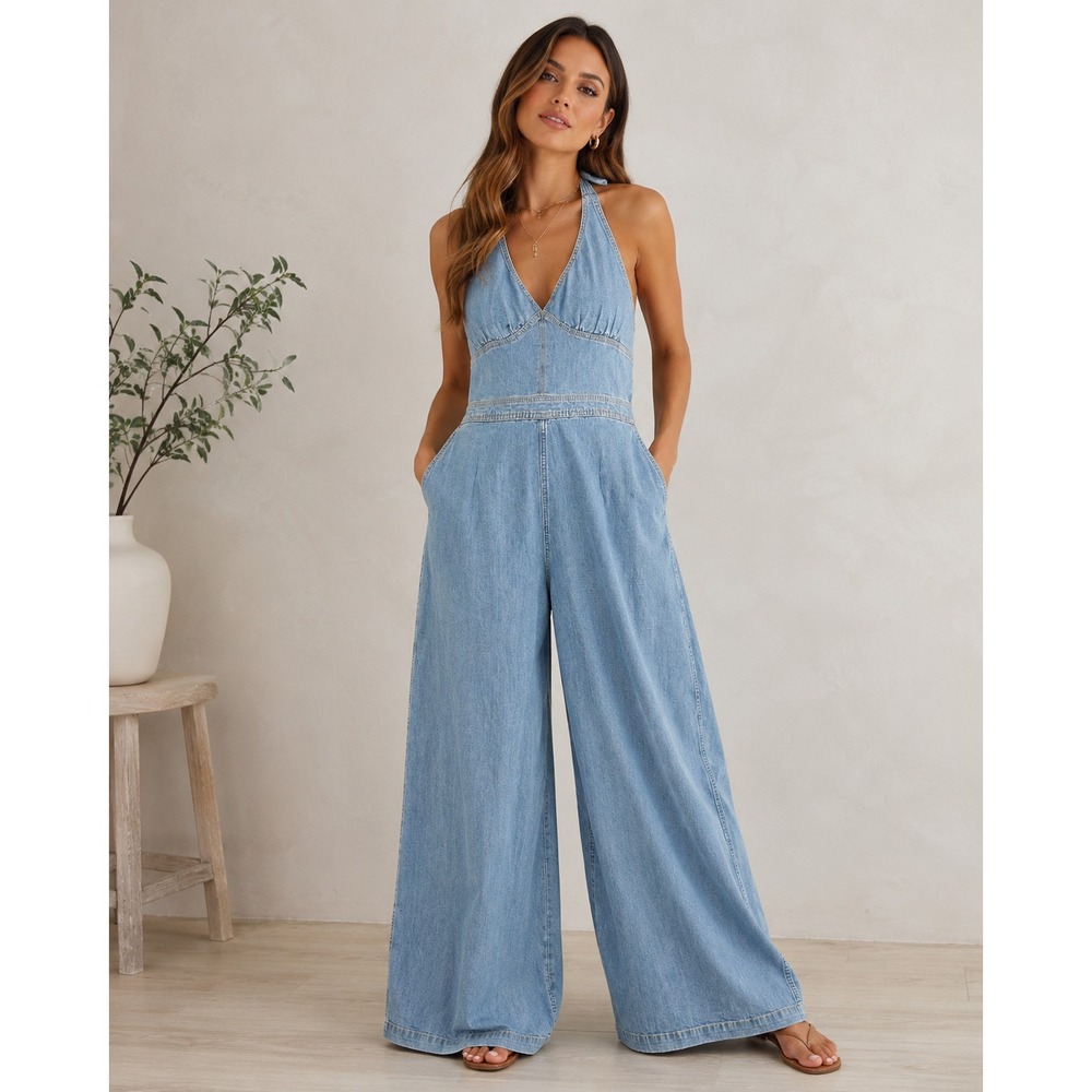 Wrangler Heritage Halter Denim Jumpsuit Light Wash Wide Leg 112378589 Womens S